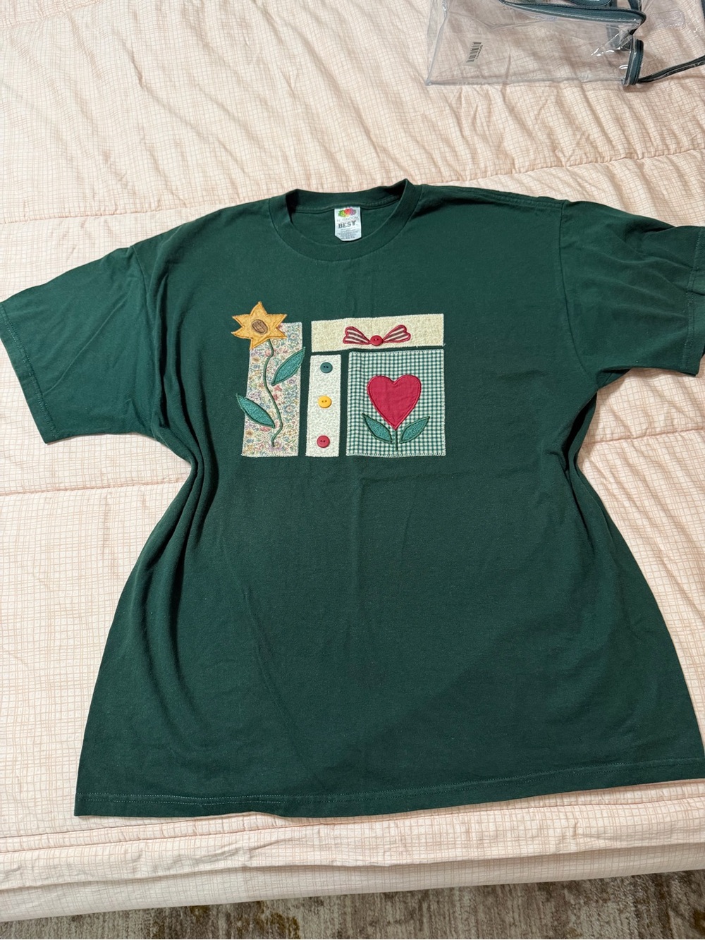 Vintage Dark Green Crewneck Tee with patchwork